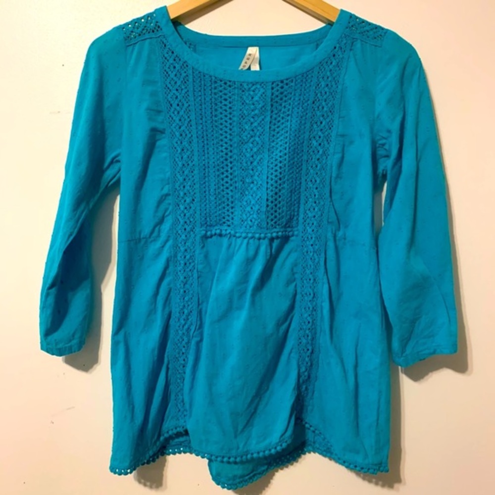 Roper Turquoise Boho Blouse Lace Front Panel Embellished Hem Peasant Top Small